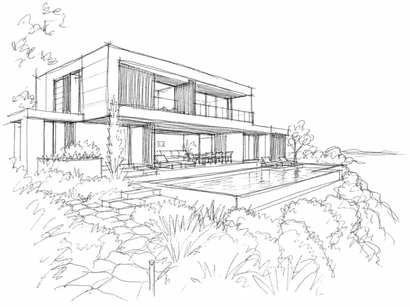 Hand-drawn architectural sketch of a building